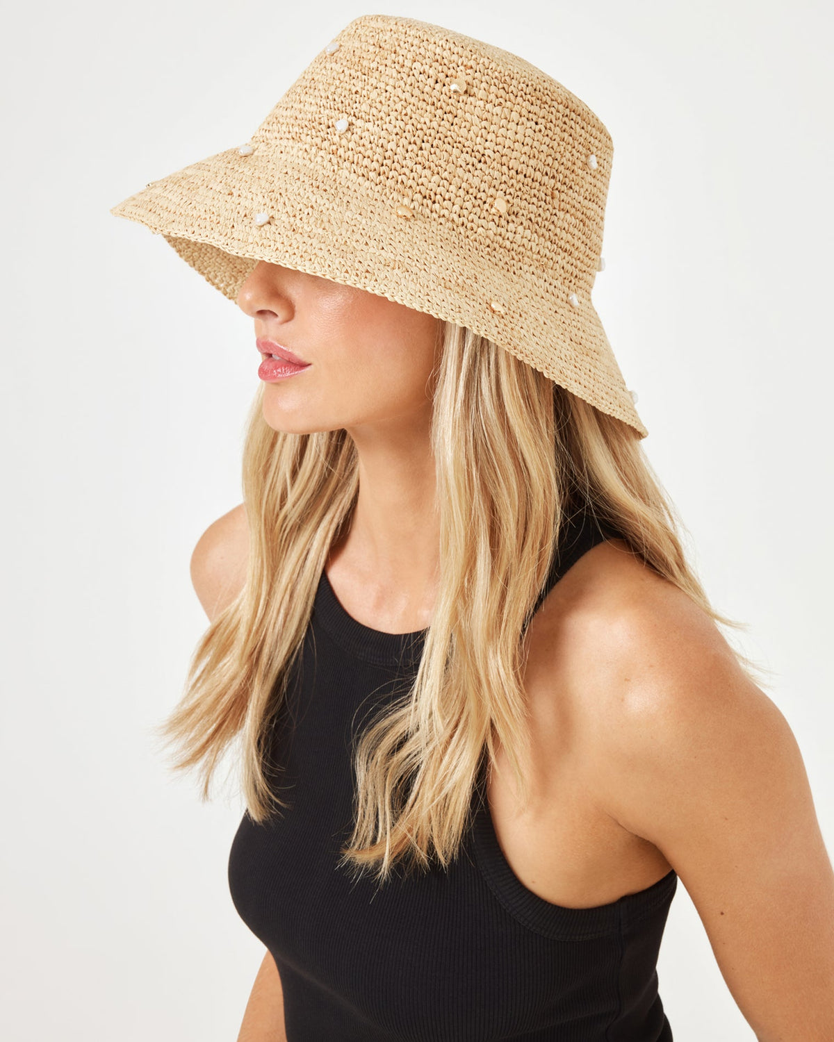 Raffia Bucket Hat with Shells & Pearls - LSPACE Carmel Island Hat | LSPACE